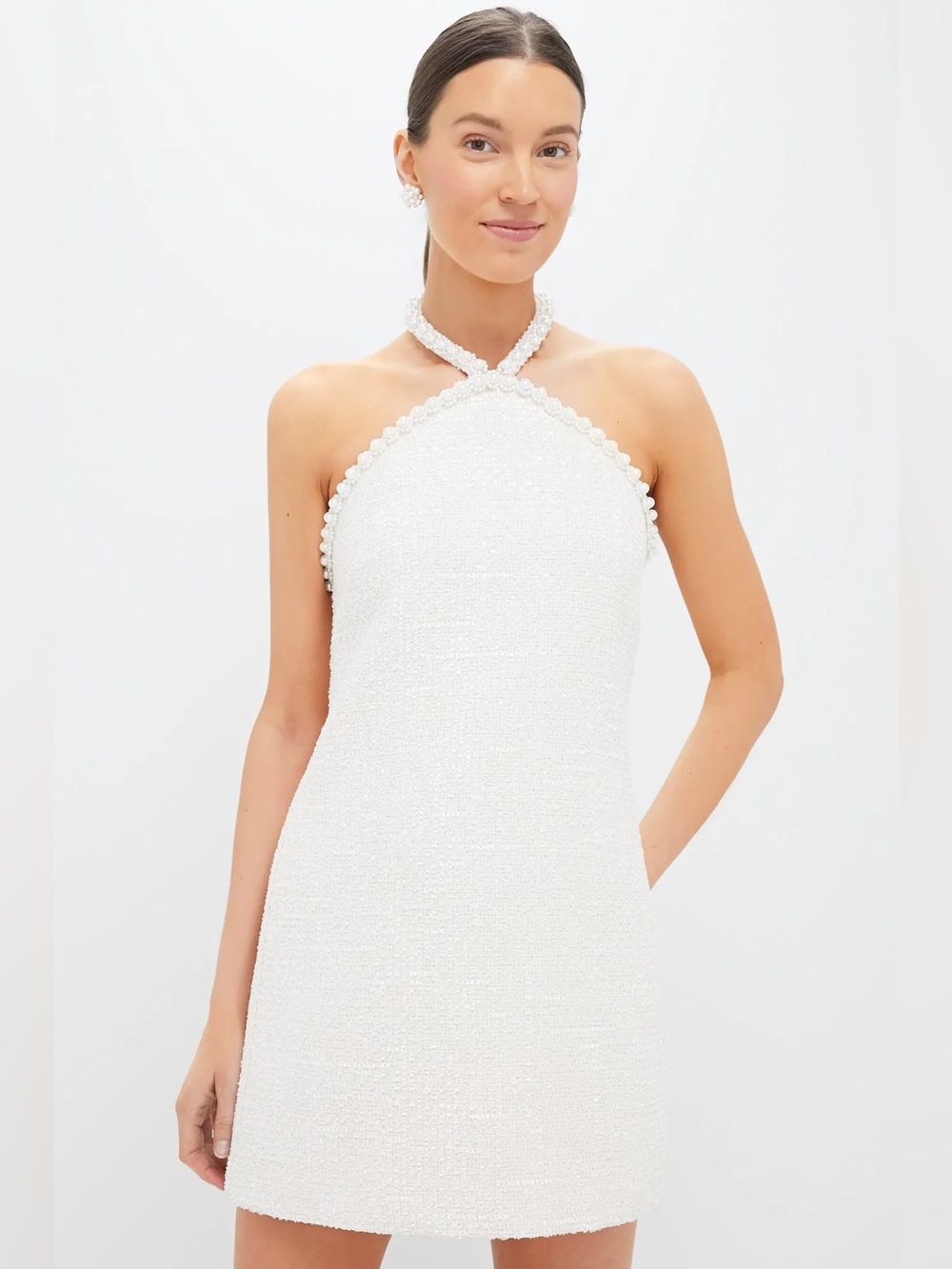 Hyacinth House Pearl Halter Tweed Mini Dress Cream White Size L